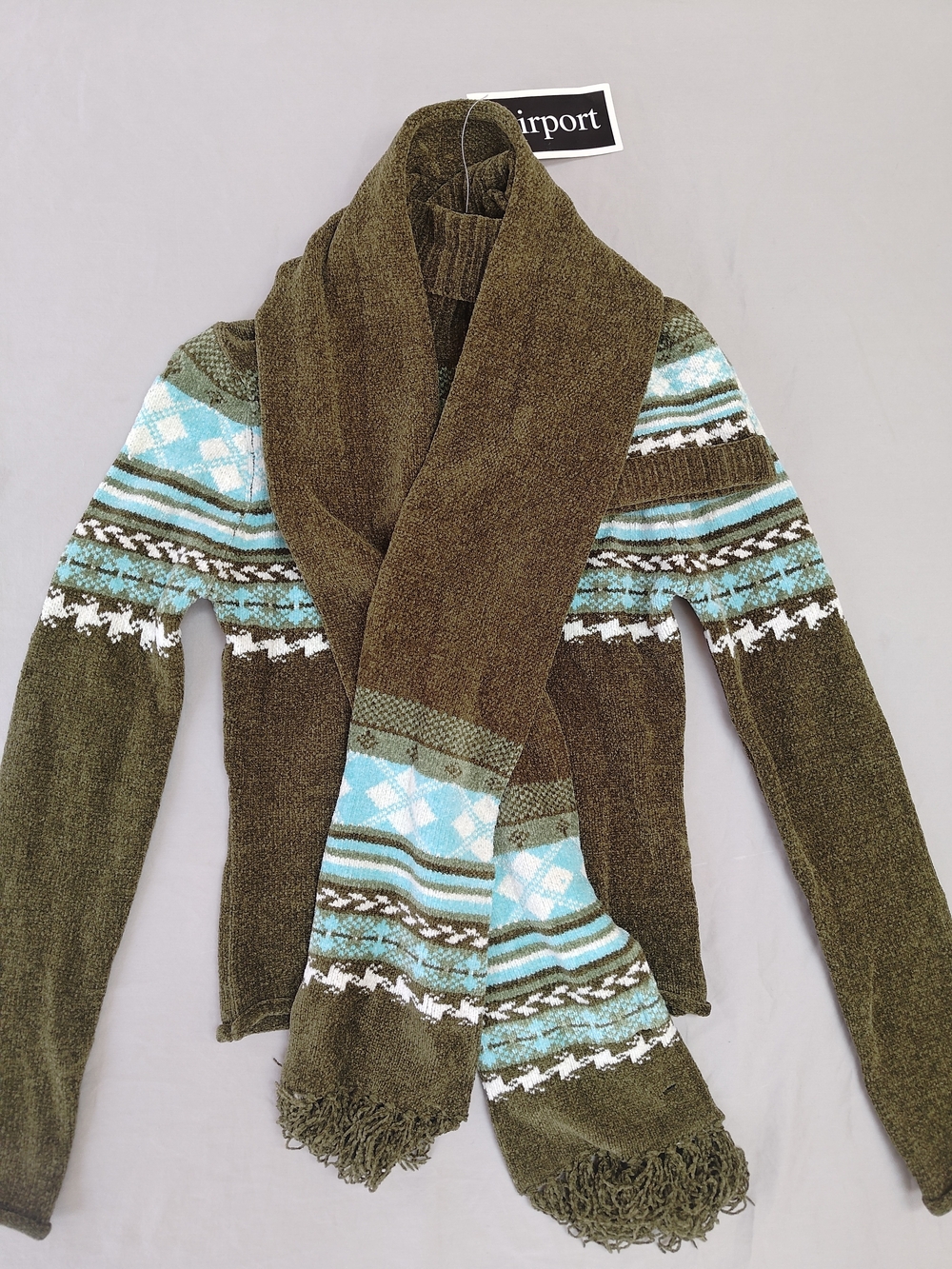 Y2K Olive Green Fair Isle Turtleneck Sweater W/ Detached Scarf And Hat